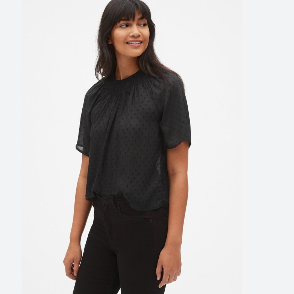 GAP Smocked Neck Blouse in Swiss Dot M Black